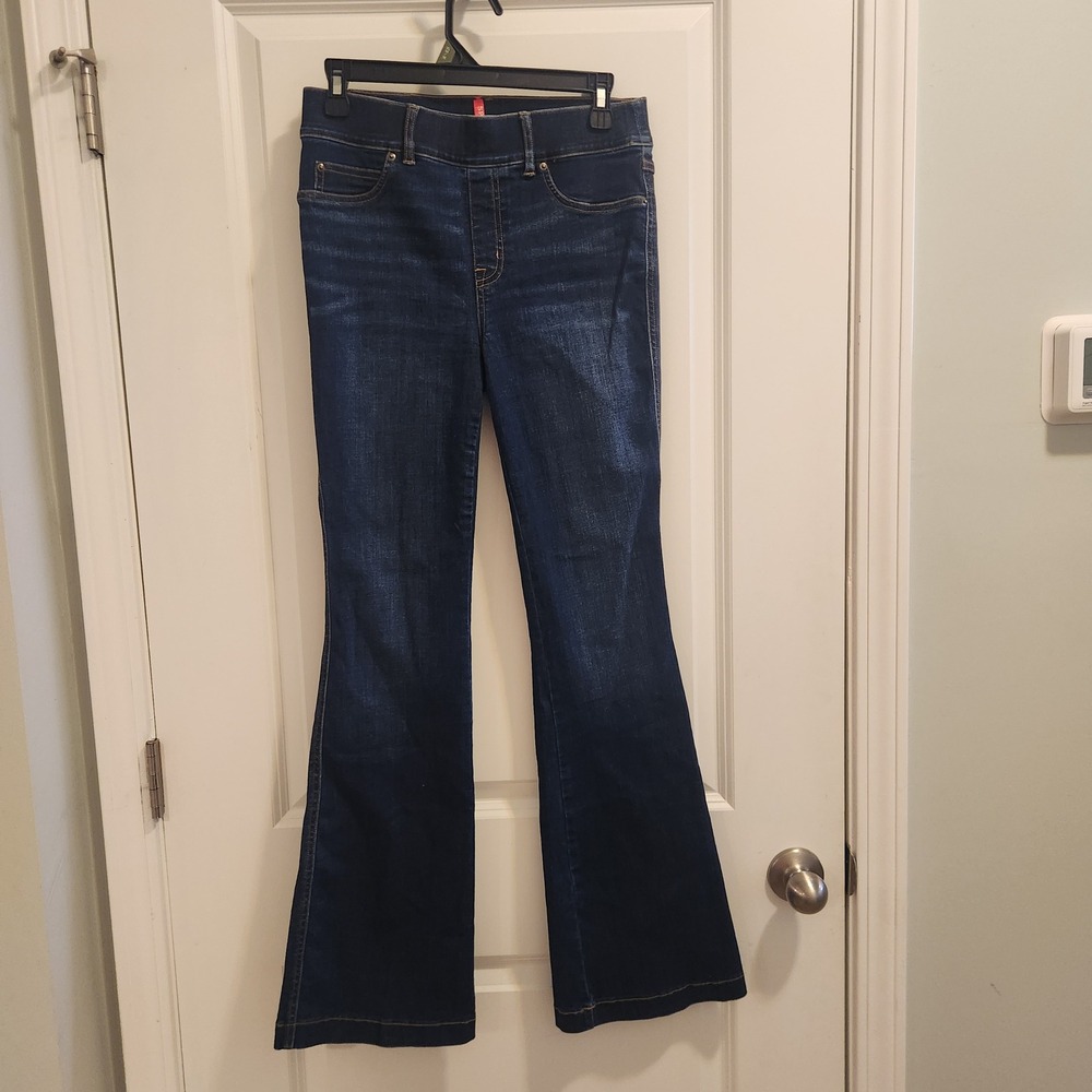 Spanx Flare Jeans Dark Wash Indigo Pull On Petite Small 20327Q High Rise Stretch